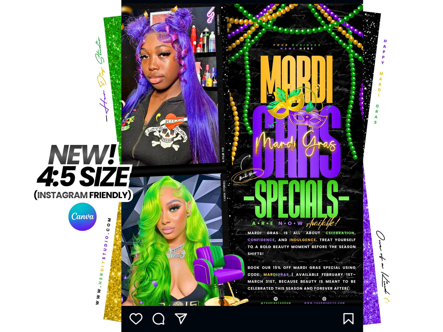 Mardi Gras Specials Flyer | Salon Booking Template (Canva Edit)