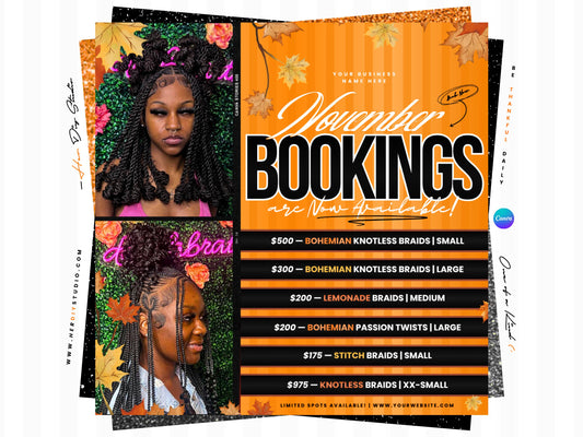 November Booking Flyer for Braiders