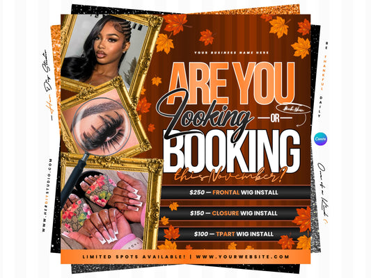 November Booking Flyer for Hairstylists, Nail Techs, Lash Techs